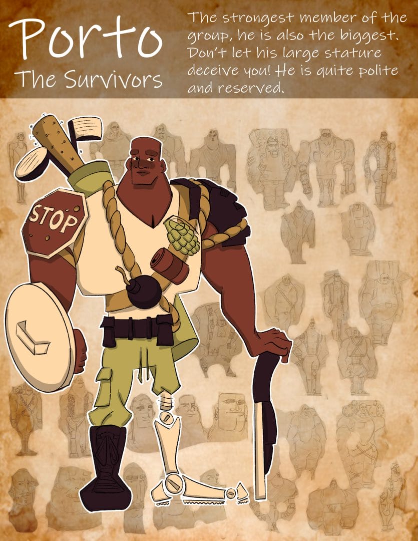 2D art by Dexter Myles titled 'Porto - The Survivors', featuring a robust character adorned with protective gear including a stop sign, ropes, grenade, trash can lid, and more. Described as the strongest member of the group, despite his large stature, he possesses a polite and reserved demeanor.