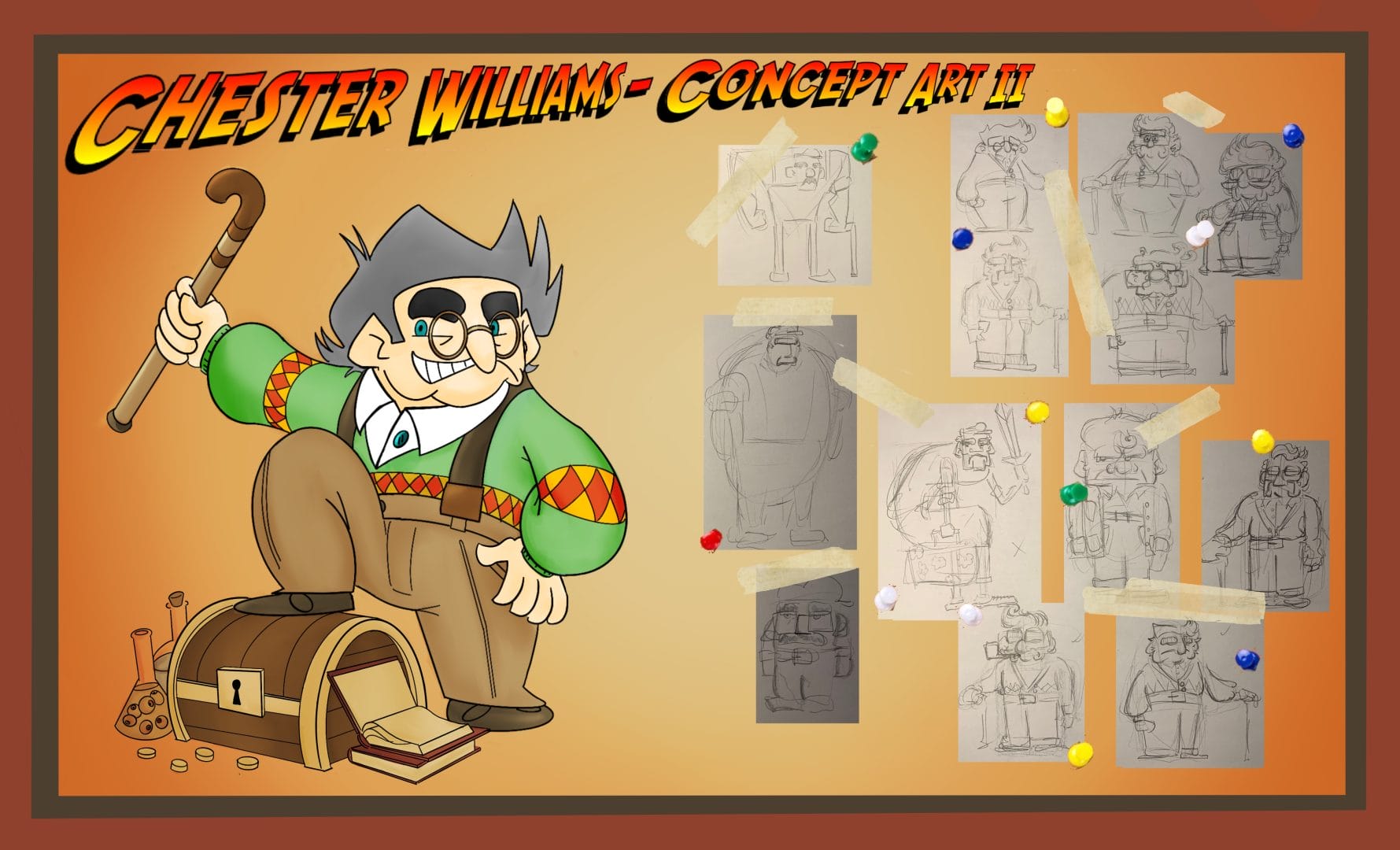 Conceptual 2D art by Dexter Myles from the Project 2 Model Pack, featuring 'Chester Williams - Concept Art II', depicting a man with a hat and cane against a cartoon bulletin board adorned with pencil drawings of characters.