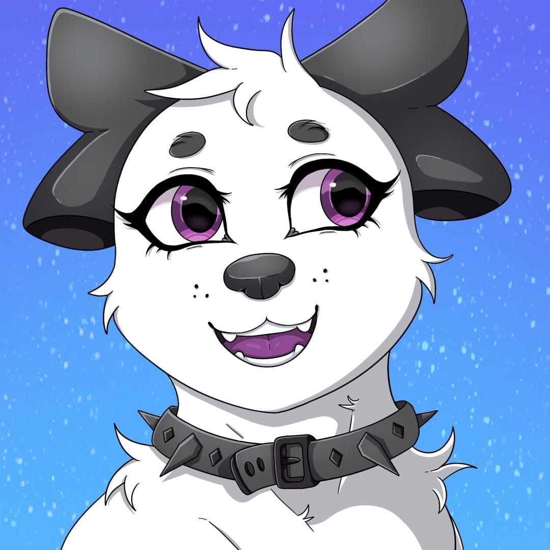 Playful 2D art by Emily Gray featuring a cartoon smiling female dog adorned with a black bow, characterized by white fur and striking purple eyes, accessorized with a black studded collar, adding whimsy and charm to the College for Arts and Design's vibrant collection.