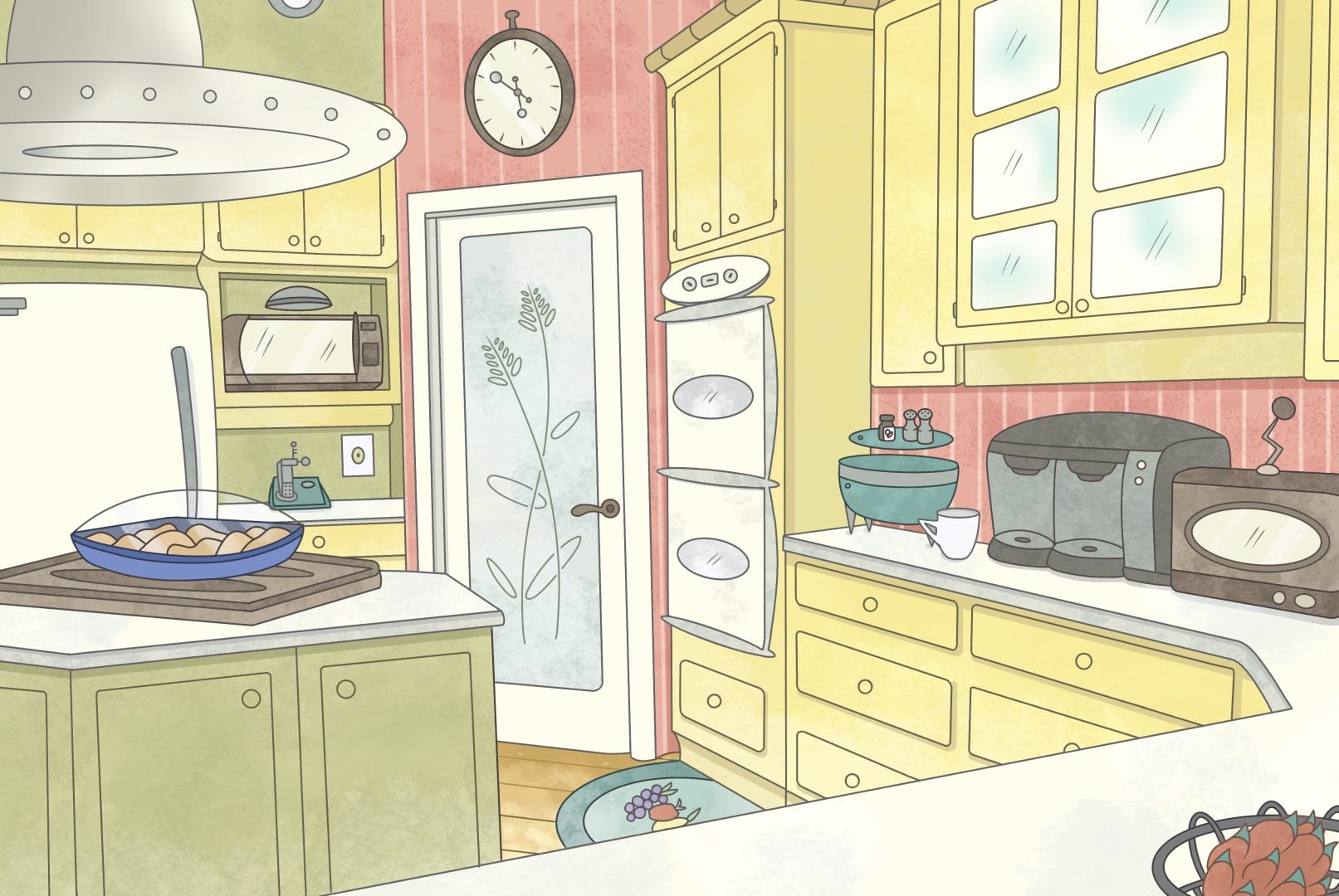 Vibrant 2D art by Emily Gray depicting a bright and cheerful yellow kitchen, exuding warmth and inviting charm within the College for Arts and Design's captivating portfolio.