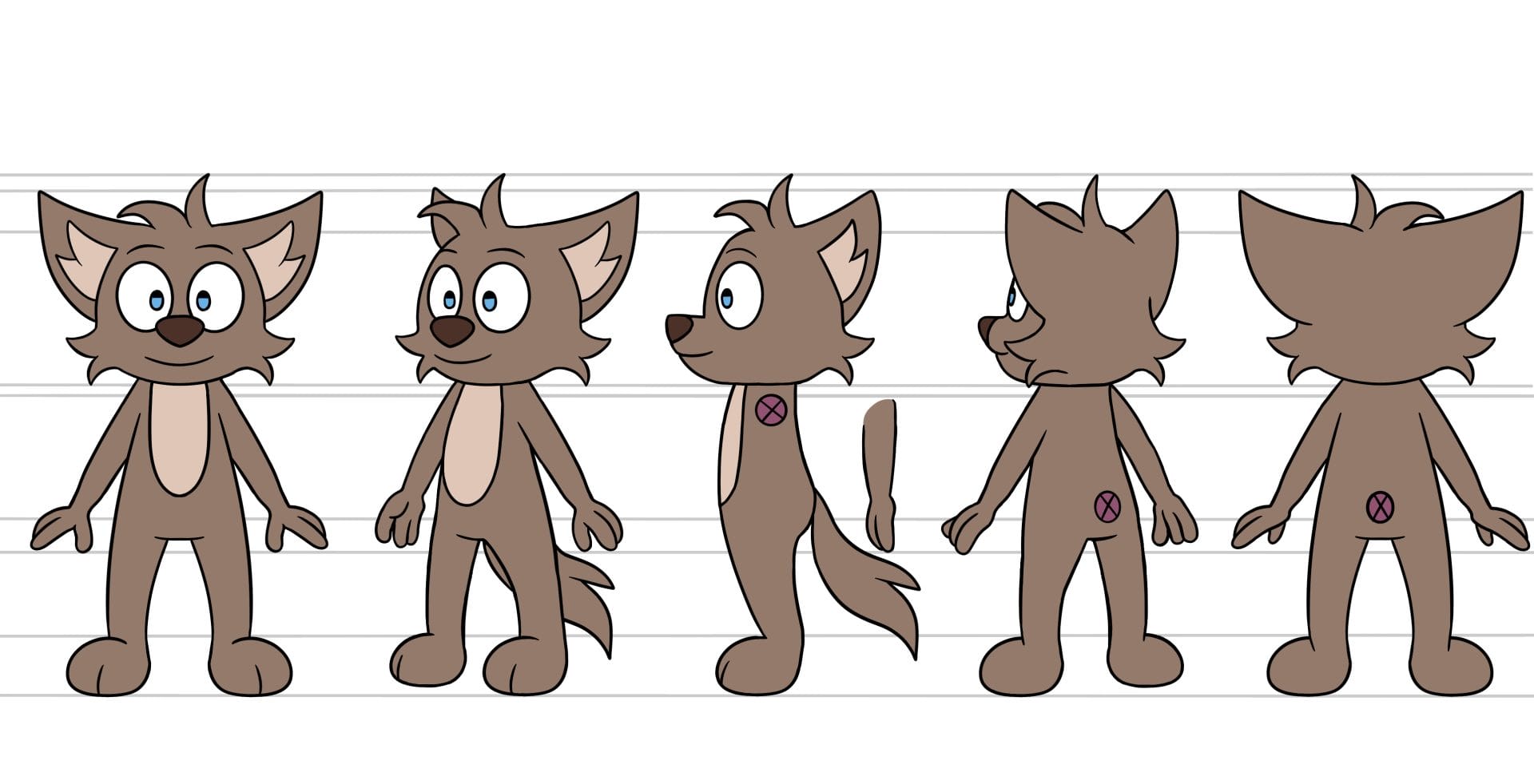 2D art by Emily Gray titled 'Sneeze_Turnaround', featuring a drawing of a brown cat showcasing different views including front, side, back, and other angles, offering a comprehensive exploration of the character.