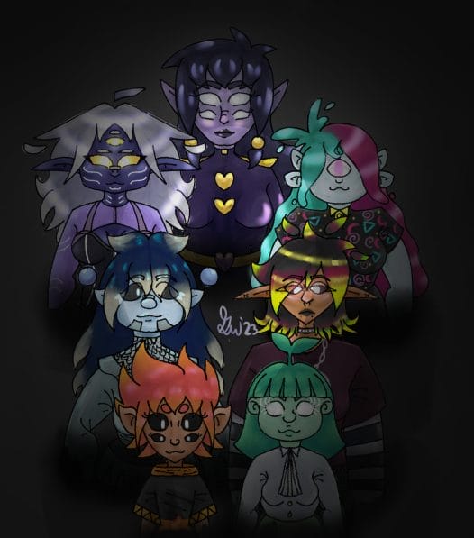 A digital image showing a group of cartoon-like creatures by Galatea Welch.