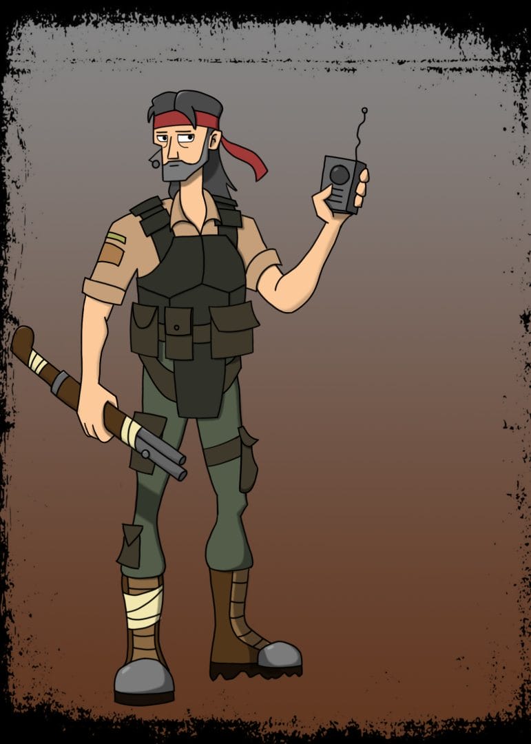 2D art by Mattaus Crombie featuring a cartoon man dressed in combat-style clothing, with a red tie wrapped around his head, holding a radio.