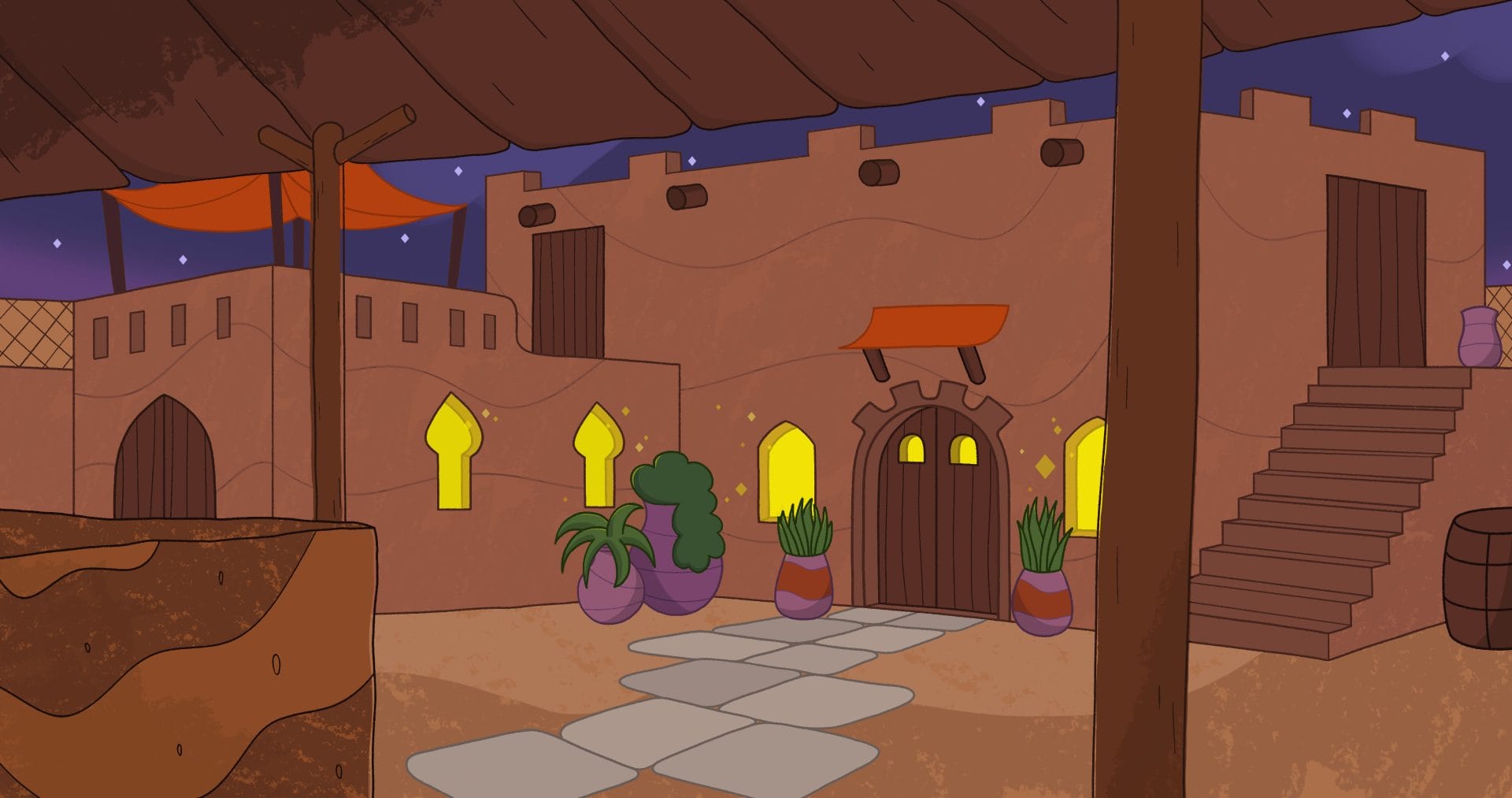 2D art by Mattaus Crombie portraying a cartoon image of an adobe-style house against a nighttime backdrop.
