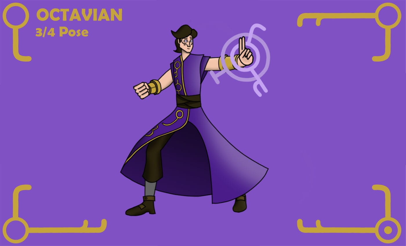 2D art by Mattaus Crombie titled 'Octavian', showcasing a 3/4 pose of an Asian-style man, possibly inspired by manga, adorned in purple attire with accents of purple and gold.
