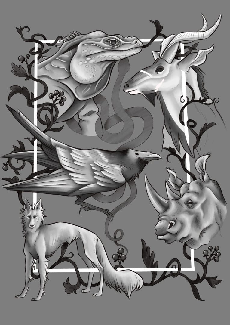 2D art by Miranda Marshall, titled 'Animals Illustration', featuring a group of animals enclosed within a white border, rendered in grayscale..