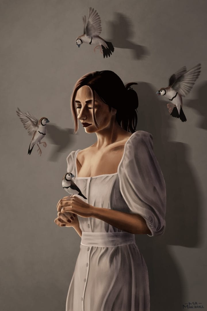 Serene 2D art by Miranda Marshall titled 'Lady with Birds', portraying a poignant scene of a woman, possibly conveying sadness or solemnity, with birds flying around her and one perched gently on her hand.