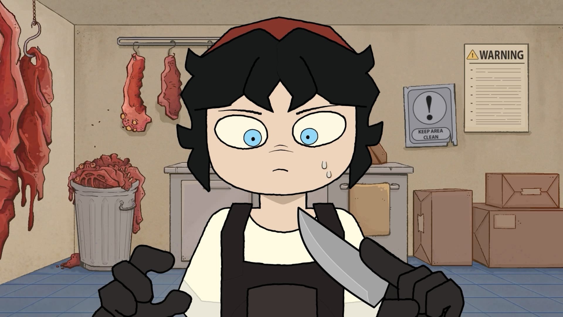 College for Arts and Technology 2D Animation & Digital Art student work showing a character holding a knife, surrounded by cuts of meat, created by Alyssa Norlin.