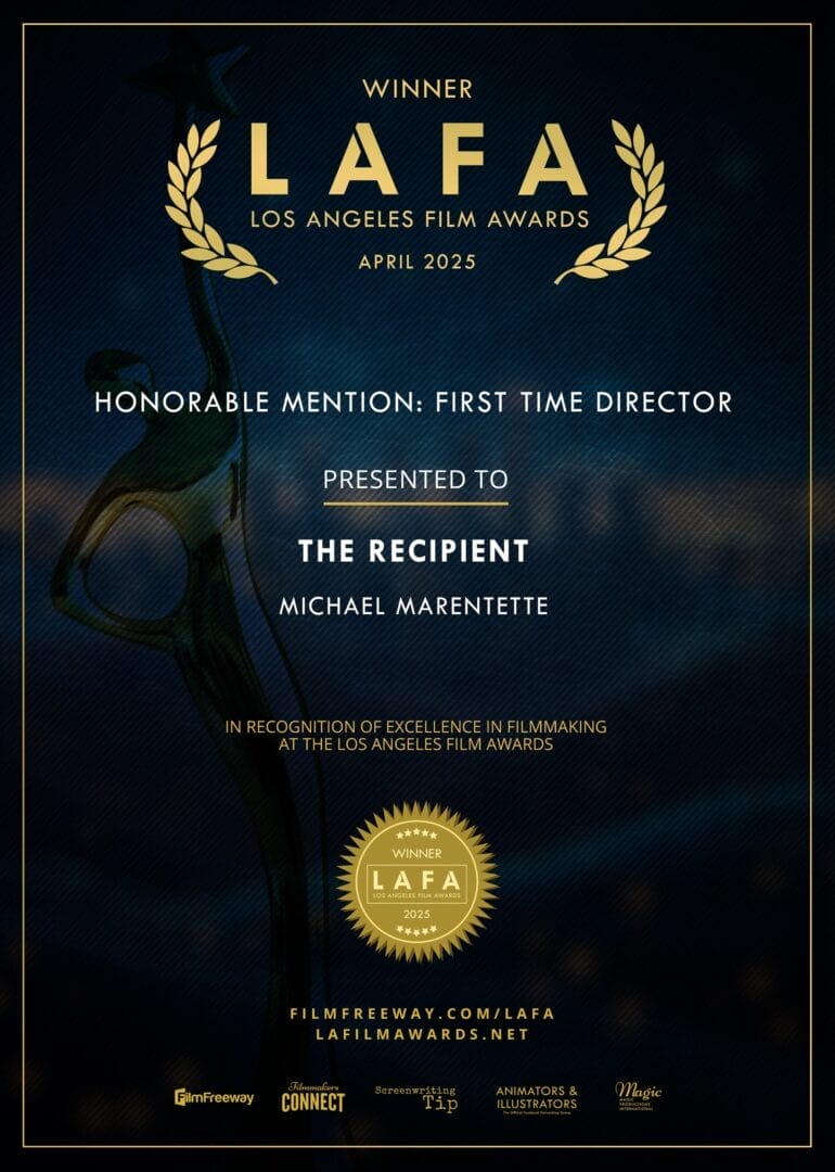 Poster from The Recipient film, directed by College for Arts and Technology Professional Filmmaking Graduate Michael Marentette. 