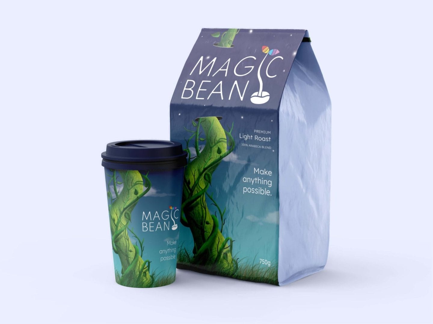 GEN-Image-5-scaled-1.jpg Magic bean coffee cup and bag.