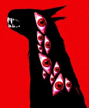 Jas-Steeves3 A black dog with red eyes on a red background.