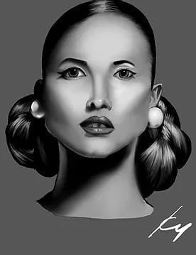 A black and white drawing of a woman's face.