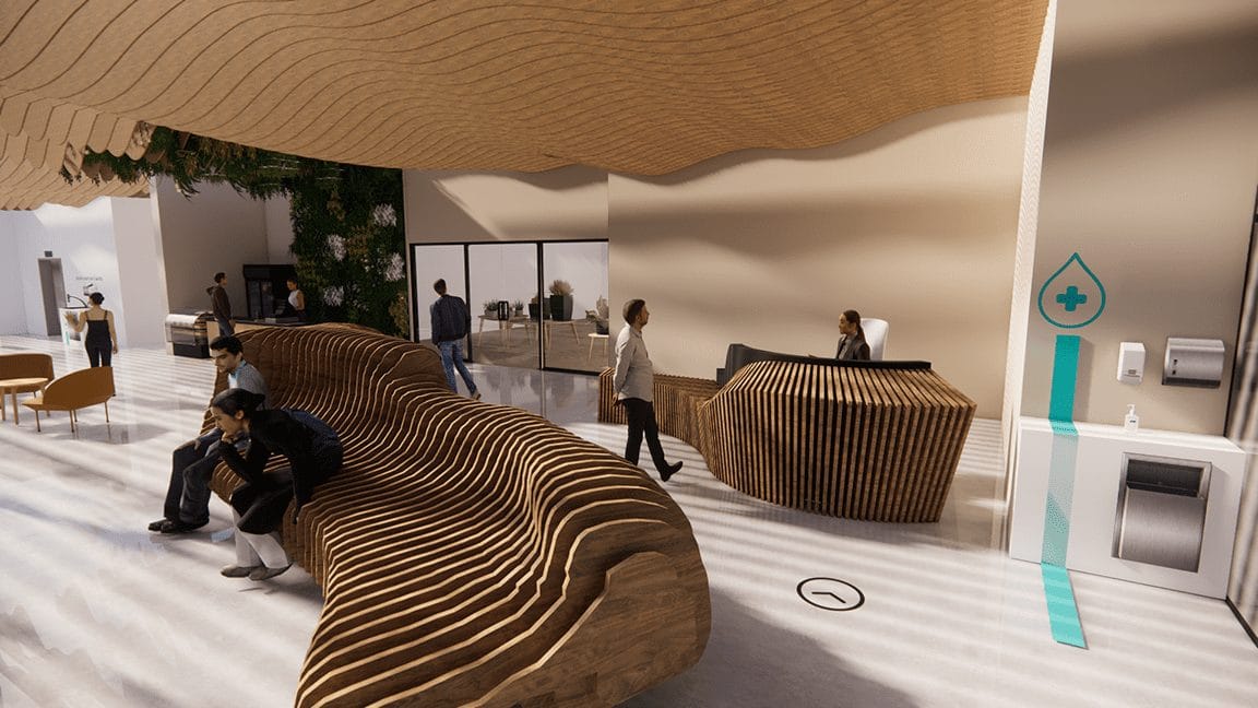 A rendering of a lobby with people sitting in it.