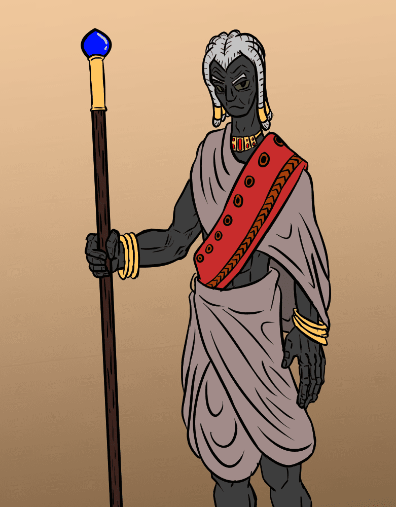 A drawing of an african man holding a staff.