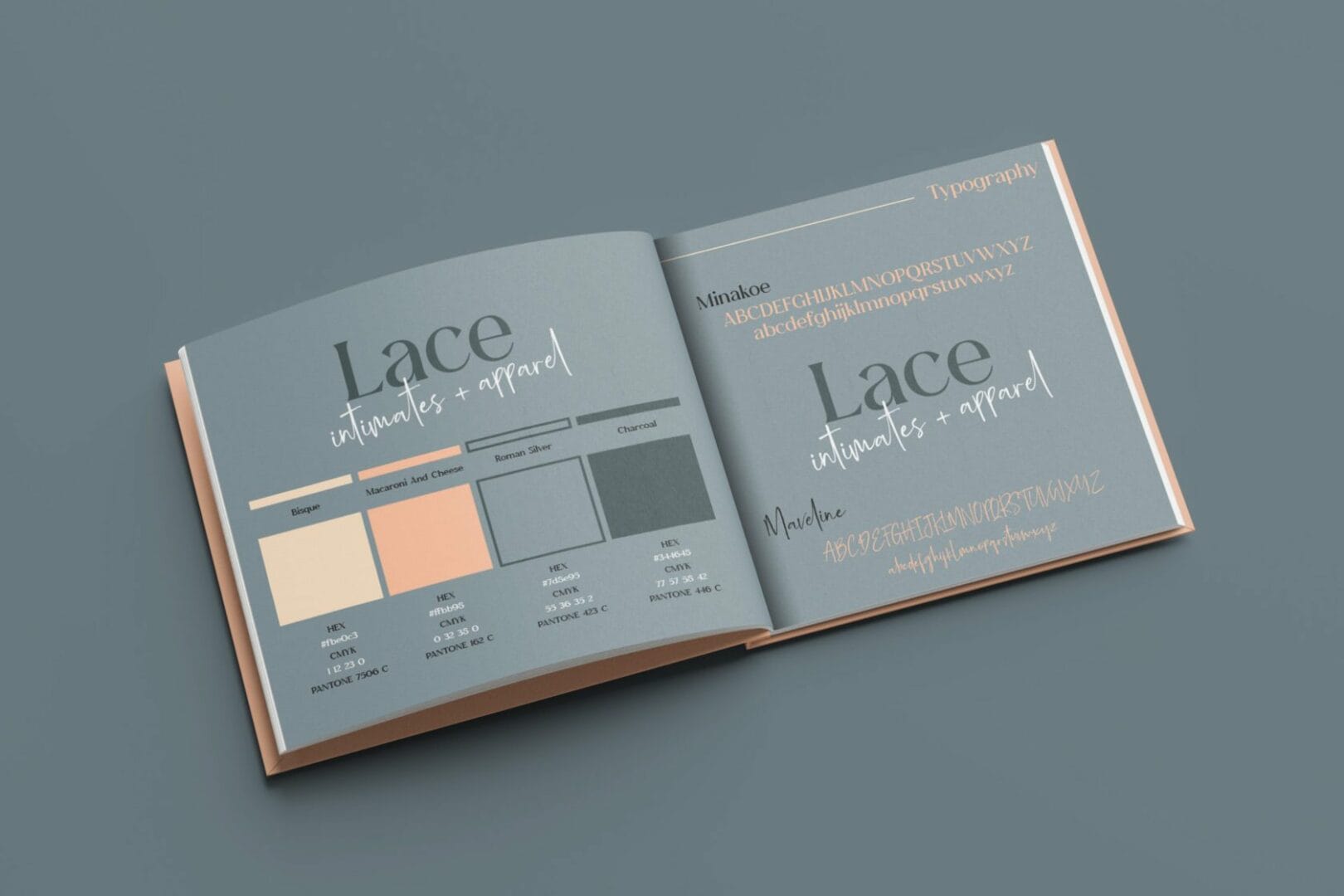 Open book showing a branding guide for 