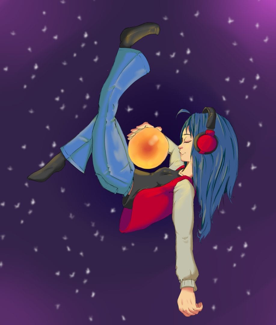 Rose Delaney's digital artwork features a girl floating serenely in the air. With long, flowing blue hair and headphones adorning her ears, she exudes a sense of tranquility. Clad in casual jeans, she holds an orange orb, adding a touch of mystique to the scene. The ethereal depiction captures the essence of peaceful contemplation.