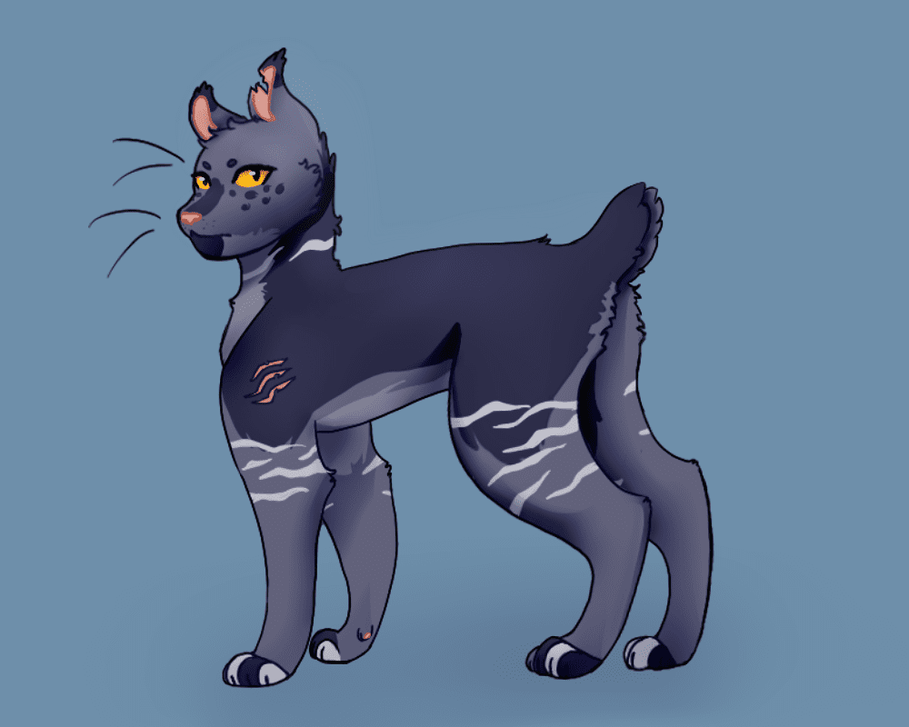 A digital illustration of a gray, striped cat with yellow eyes and a bobtail standing on a blue background. The cat has visible scars on its front leg and shoulder.