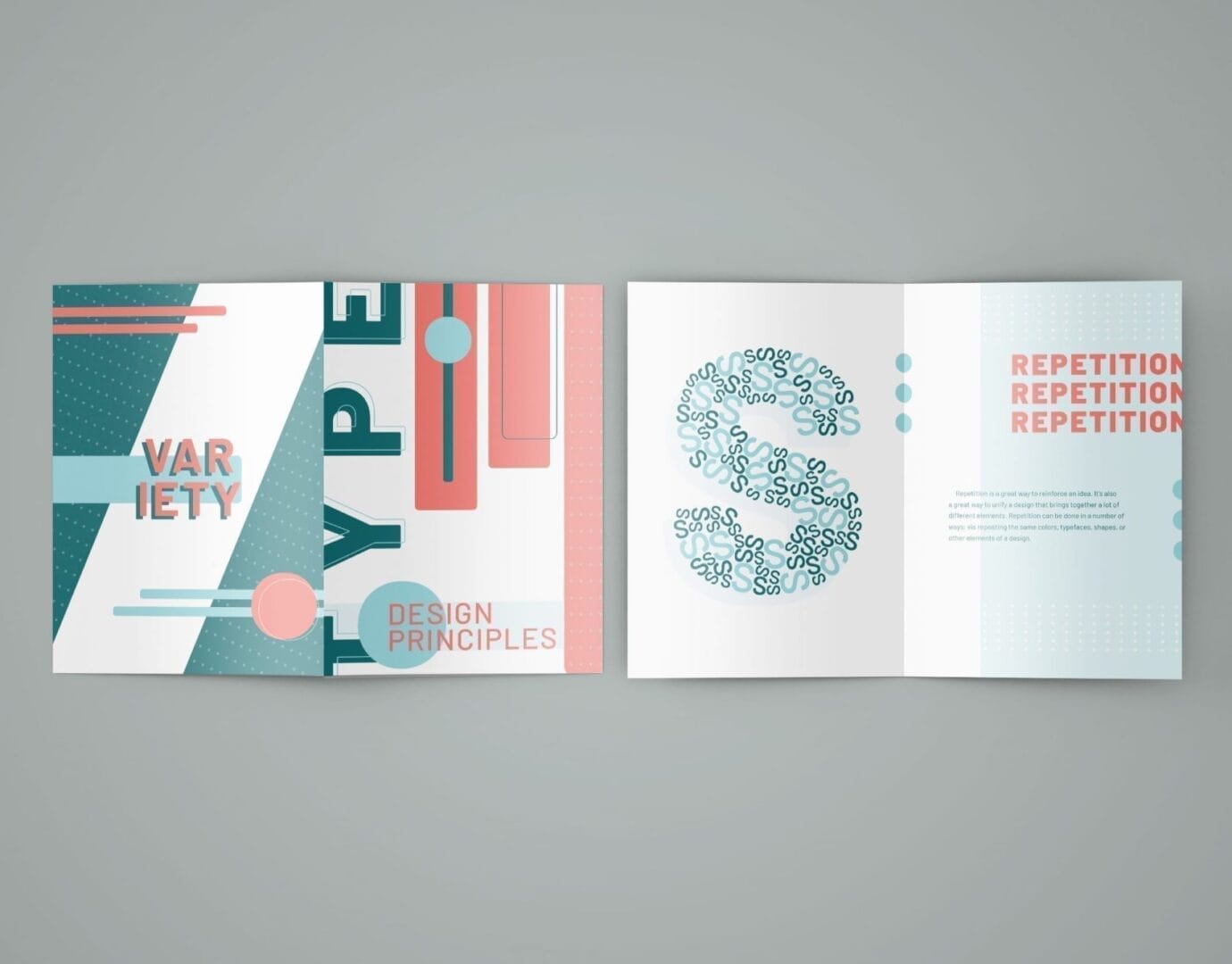 A trifold brochure with geometric shapes and colors.