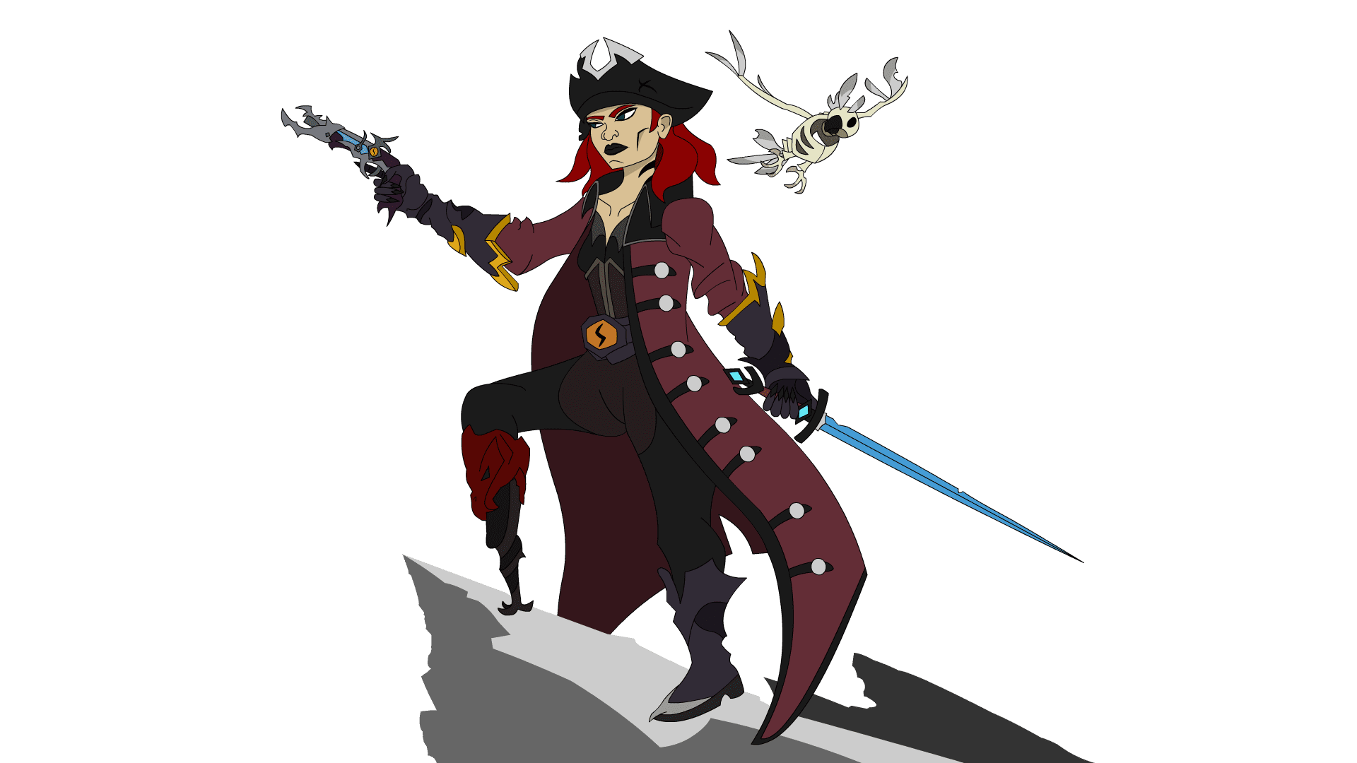 A cartoon pirate wearing a pirate costume and holding a sword.