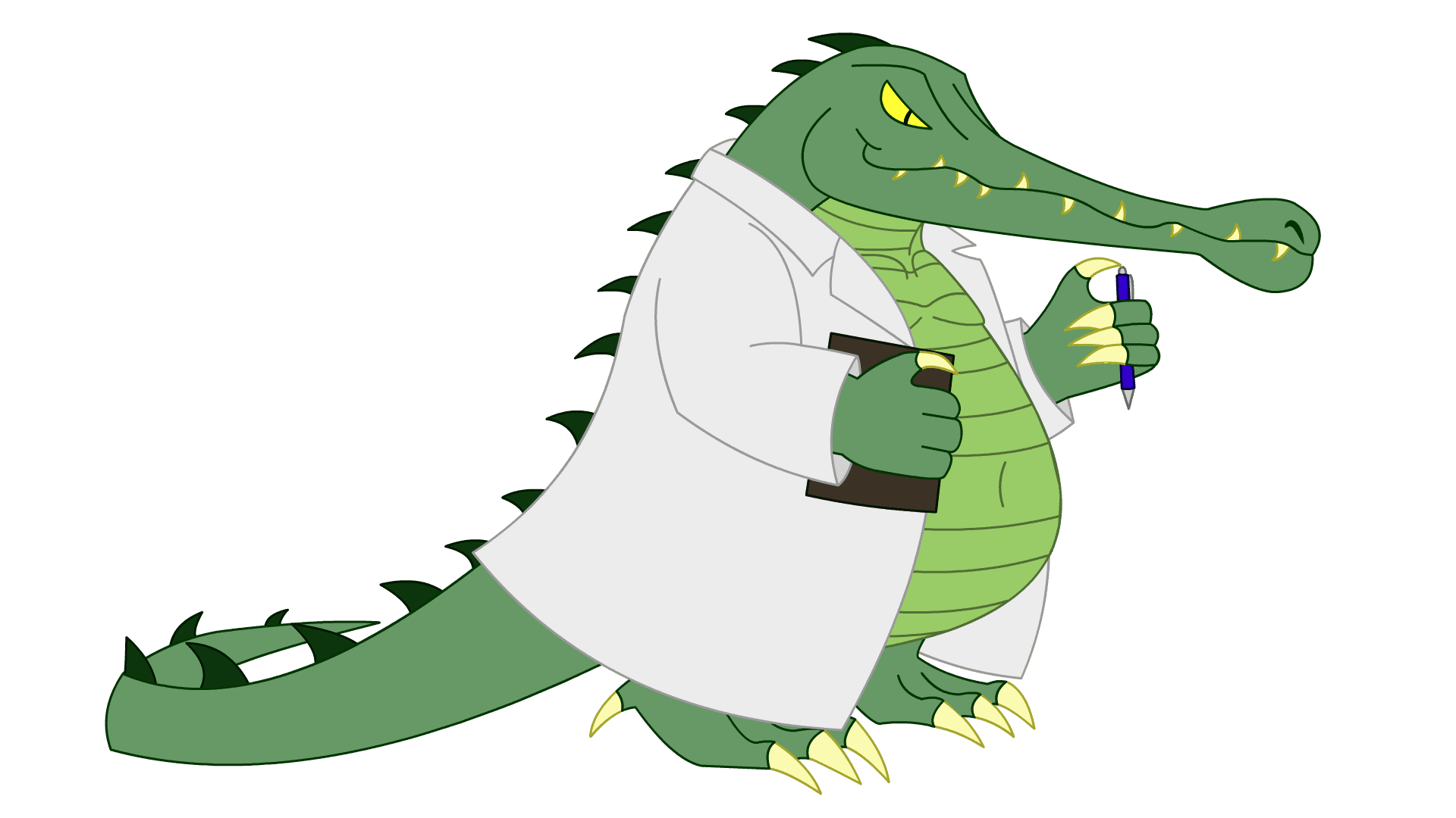 A cartoon crocodile in a lab coat holding a pen.