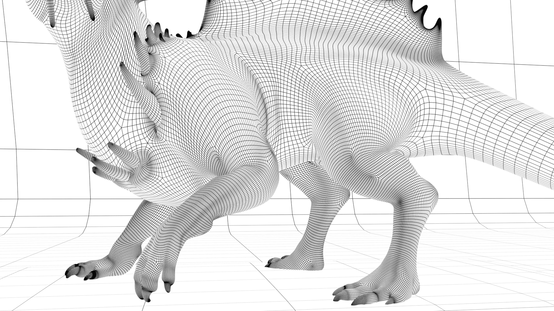 A 3d model of a dinosaur standing on a grid.