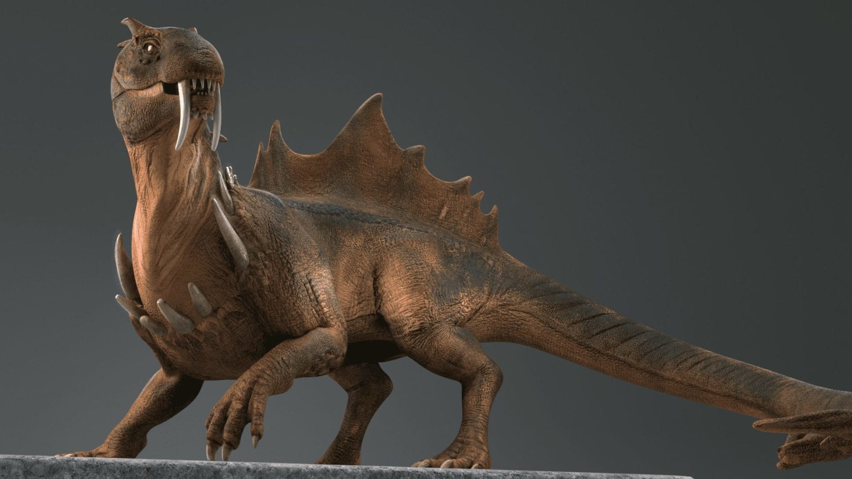 A 3d model of a dinosaur standing on top of a rock.